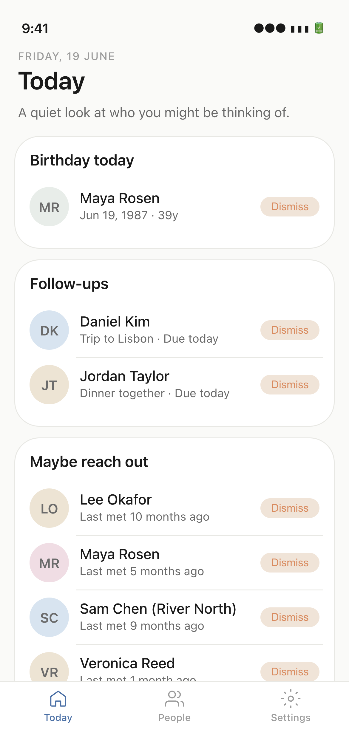 Enzuna Today screen showing birthdays and follow-ups