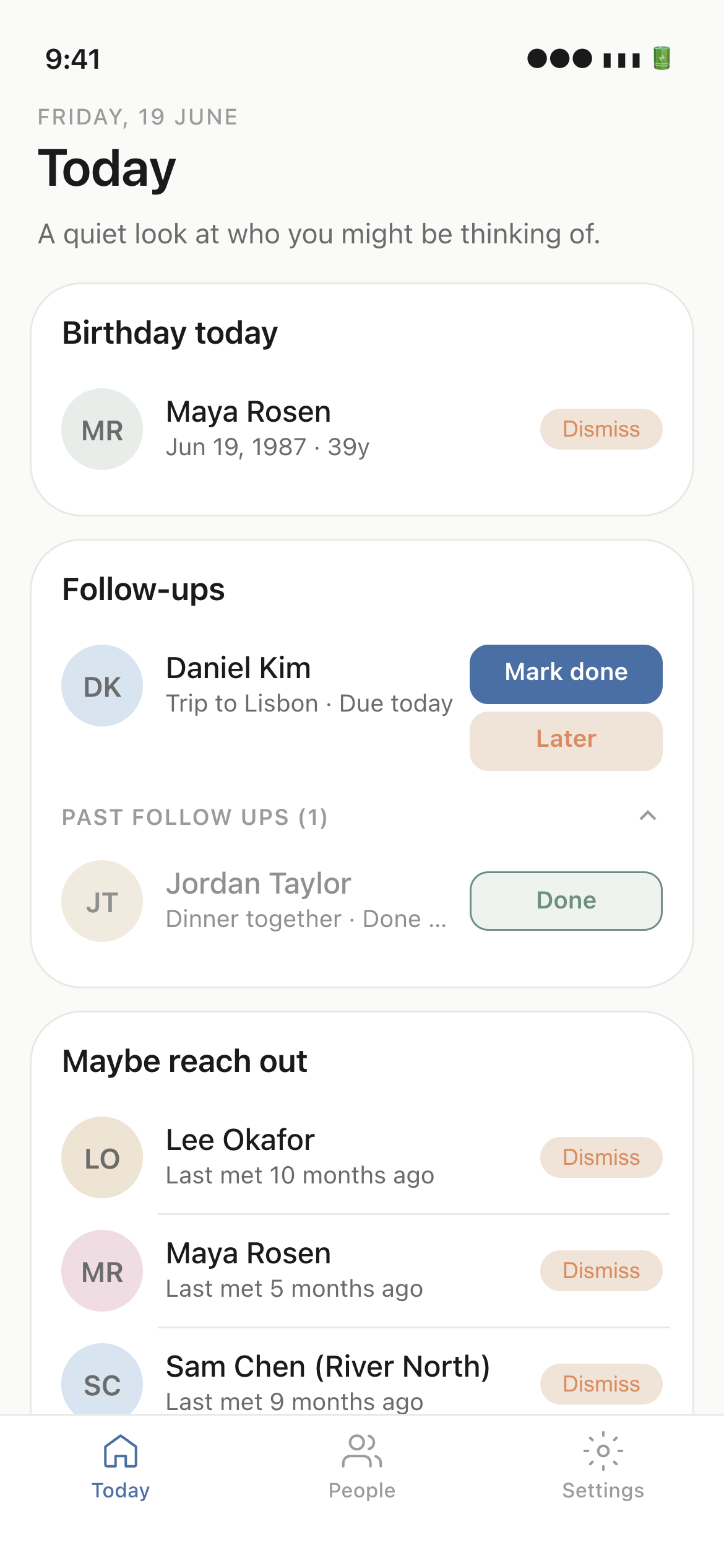 Enzuna Today screen showing birthdays and follow-ups